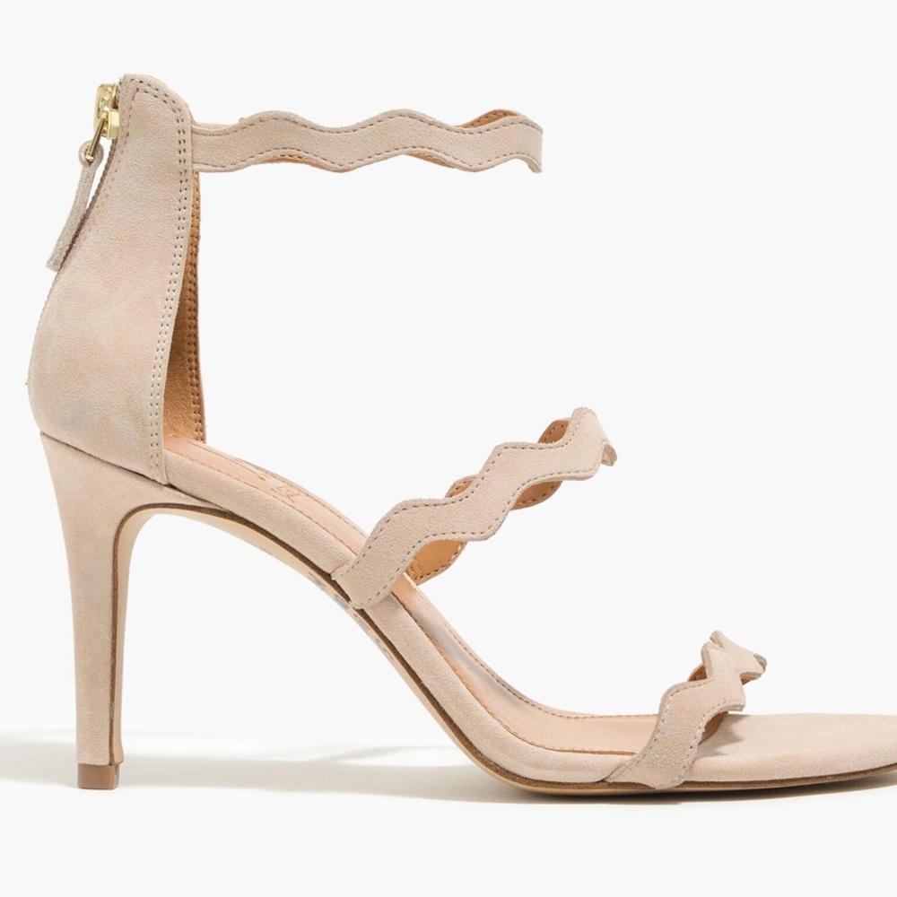 J crew three-strap scalloped suede heels